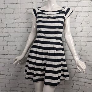 Mink Pink black and white stripe dress pleated skirt pockets low back size small